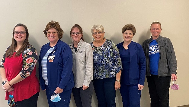 HCH Auxiliary Board:  (L-R) Heather Naylor, Cheryl Yingst, Jeanetta Shupe, Diane Gross, Nancy Kathrens & Shannon HenryPicture of six cafeteria women smiling